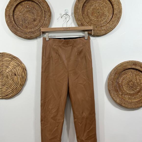 Zara Neutral Brown High Waist High Rise Faux Leather Skinny Pants Small - Picture 3 of 5